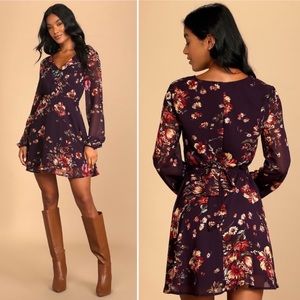 Lulu’s Always Yours Plum Purple Floral Print Long Sleeve Skater Dress size L